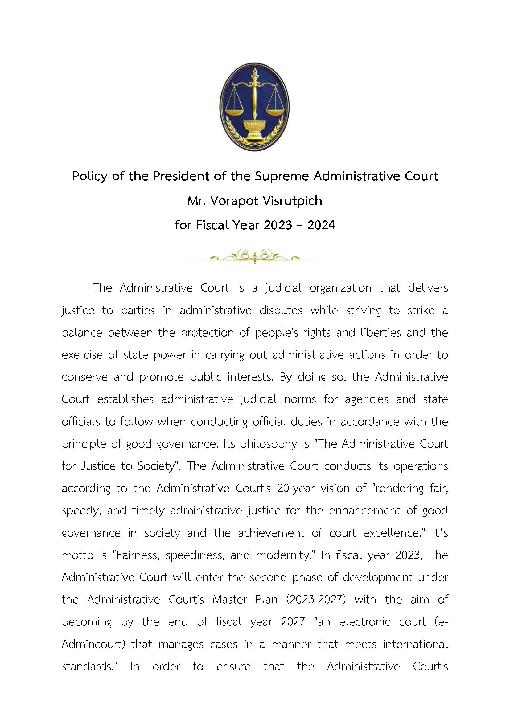 Policy of the President of the Supreme Administrative Court for Fiscal Year 2023 – 2024