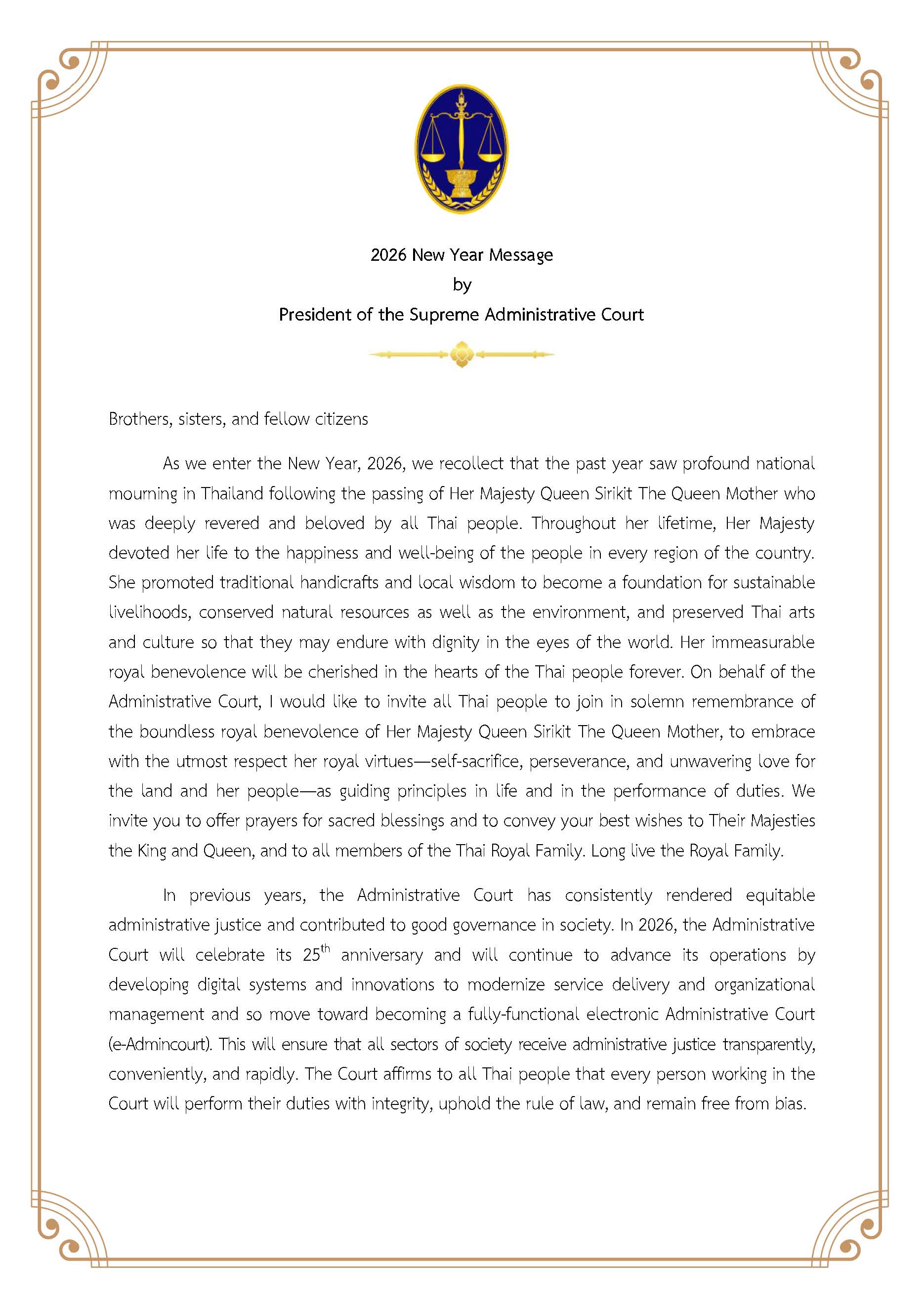 2026 New Year Message by President of the Supreme Administrative Court